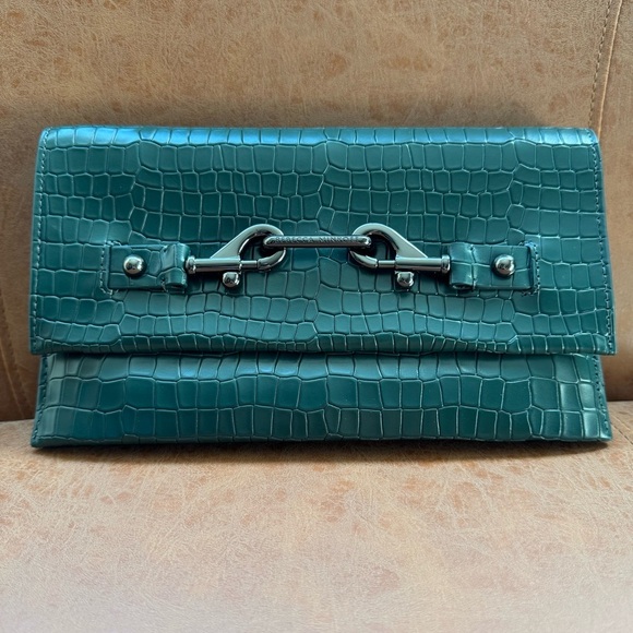 REBECCA MINKOFF LOU CROC EMBOSSED CLUTCH BOTTLE GREEN W GUNMETAL HARDWARE NWT - Picture 1 of 12
